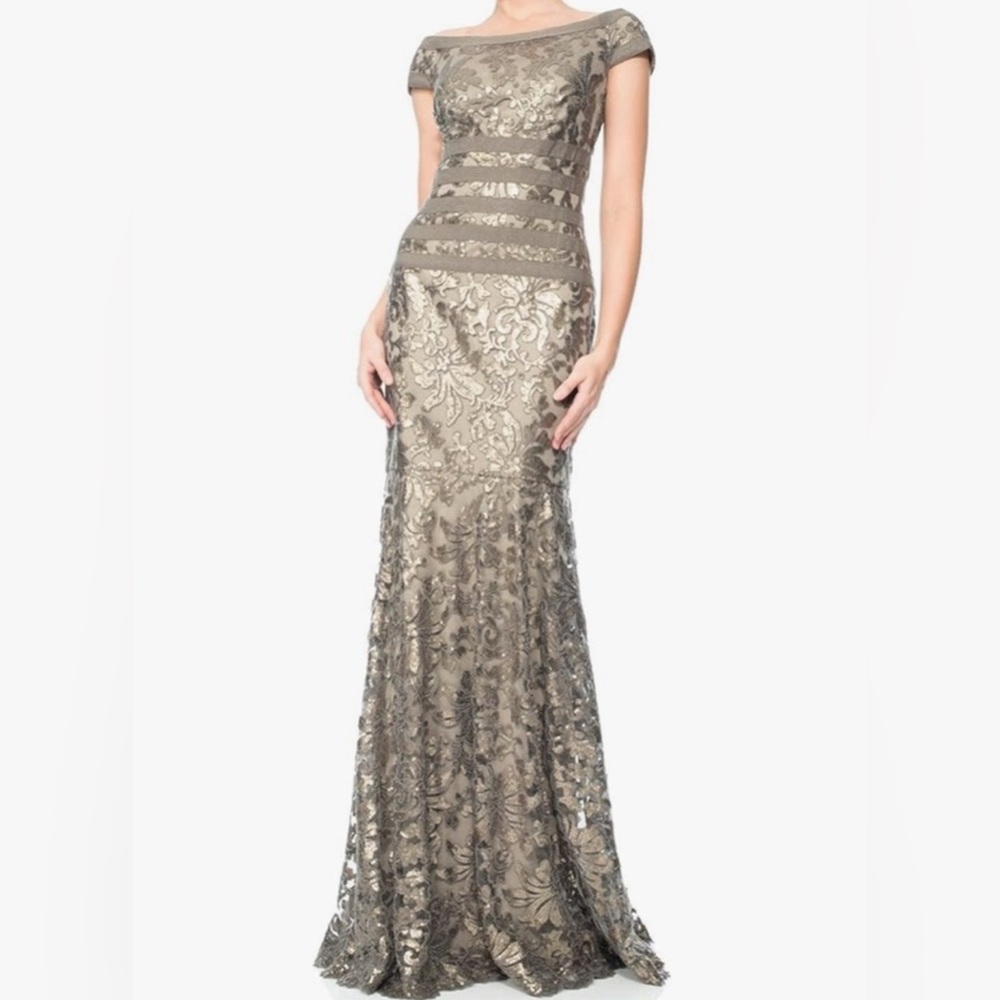 Tadashi Shoji Lace Sequin Gown in Gold and Olive - Picture 1 of 12
